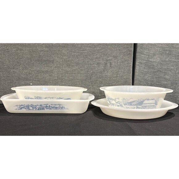 Glasbake Other - Vintage Glasbake Milk Glass Rectangular Baking Dishes With Blue Farm Scene